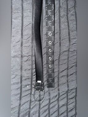 Michael Kors Black Logo-Print Leather Belt with Silver Buckle